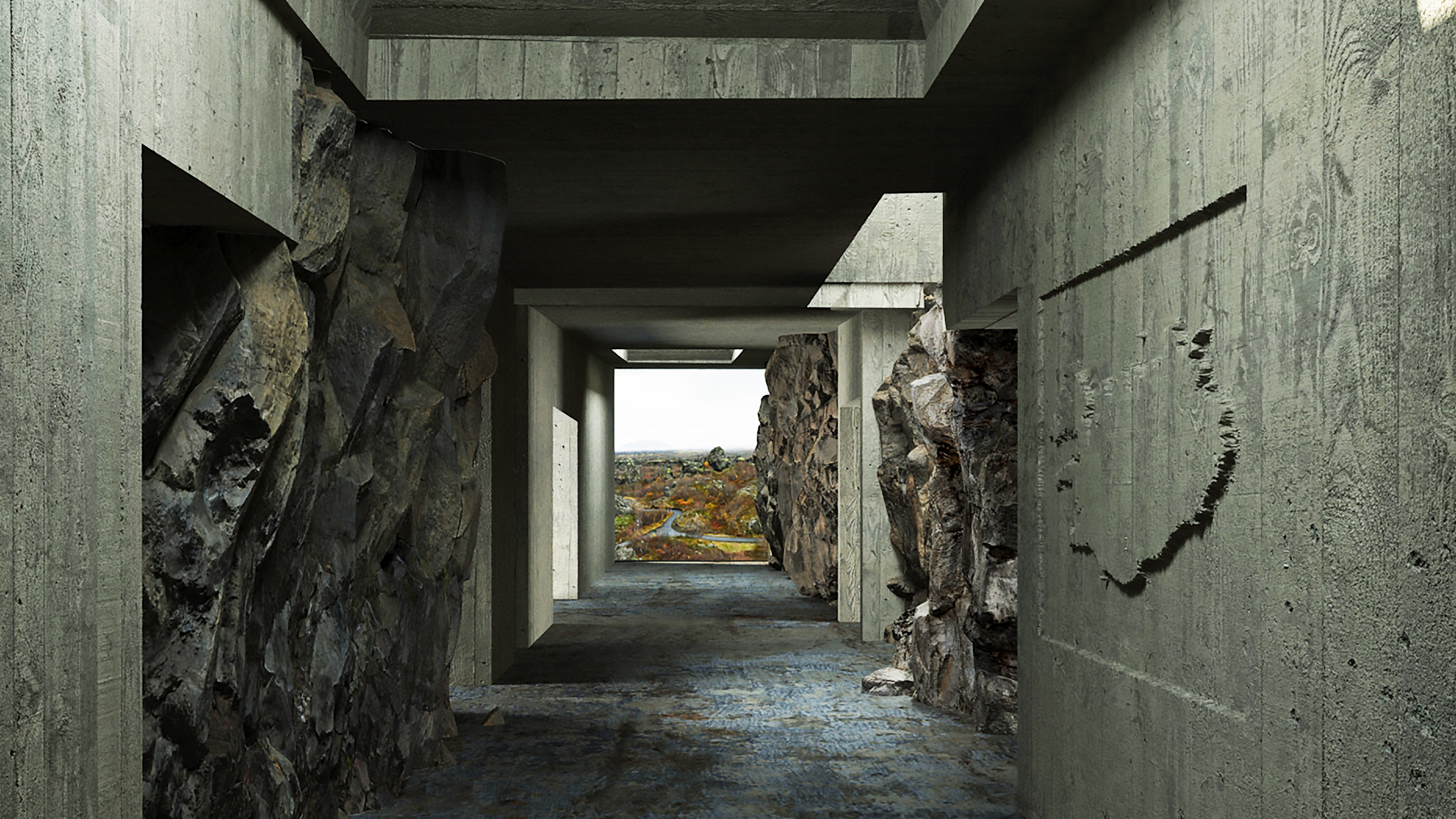 Hauptgang zwischen Sichtbeton und Lavagestein